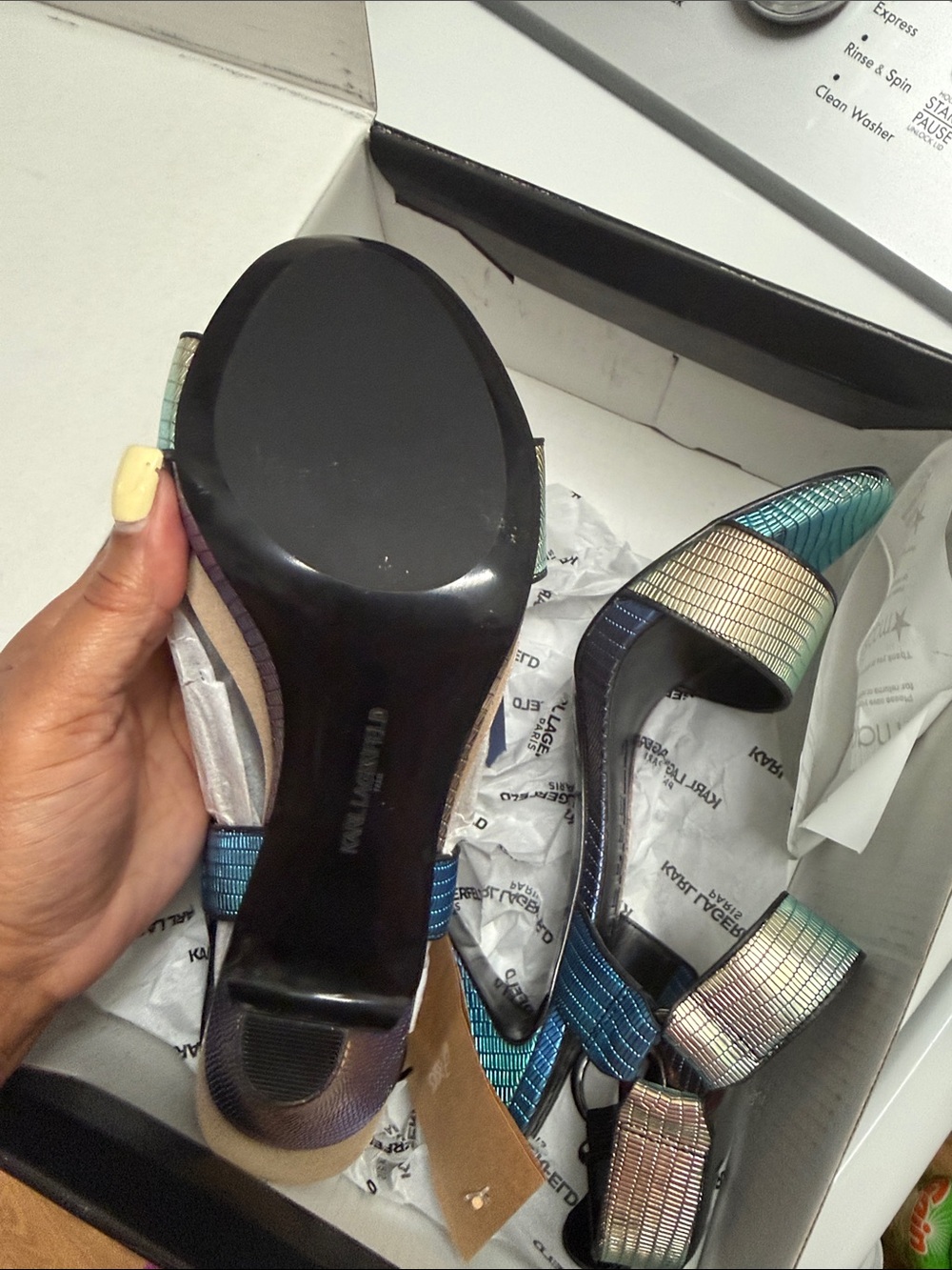 Karl Lagerfeld Iridescent Ankle Strap Heels - Picture 4 of 4